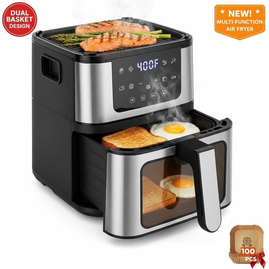 AQUGOKS Air Fryer Oven with Grill Plate, 7.5QT, 2 IN 1 Function+8 Preset Programs, Air Fryer with 100 Pcs Paper & Nonstick Basket, Dishwasher-Safe, Air Fryer for 96% Less Oil