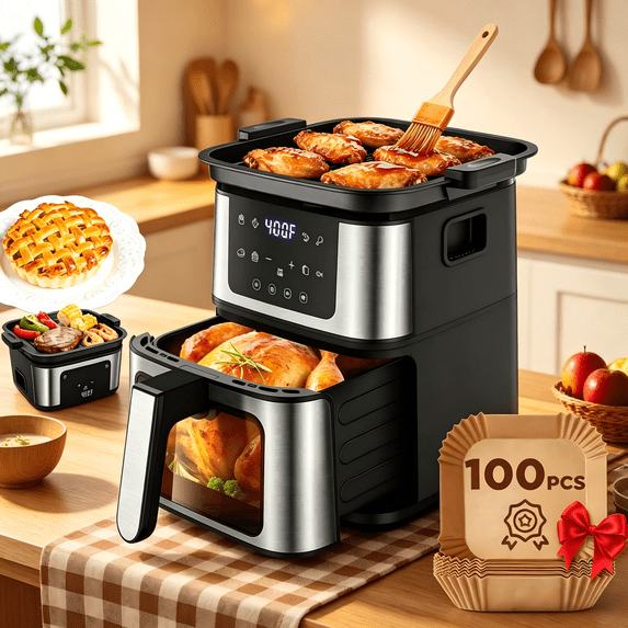 OXIBYPU Air Fryer with Grilling Plate, 7.5QT Capacity fits up to 6lbs, 2-in-1 Pro Air Fry, 400°F Max Temp, W/Nonstick Basket & Crisper Plate, Black