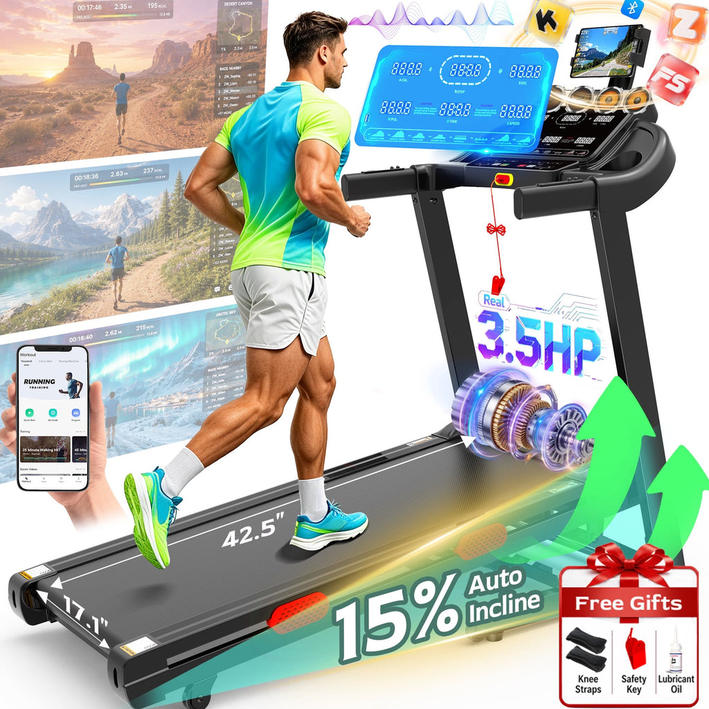 AQUGOKS Folding Treadmill for Home with Auto Incline, 3.8HP Brushless Motor, 15% Incline Treadmill, 300 lbs Capacity, 0.6-9 mph Speed, Bluetooth App Control, 105 Workout Programs, Fitness Equipment