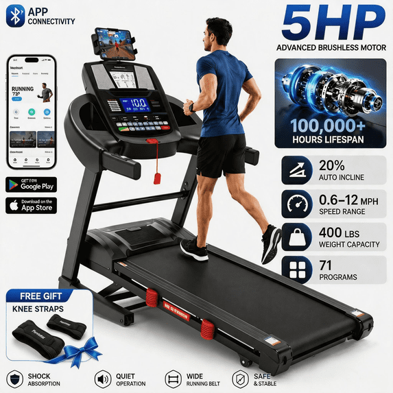AQUGOKS Auto Incline Folding Treadmill for Home, 400 LBS Capacity, 12 MPH Speed, 20% Automatic Incline, 5HP Motor, 71 Preset Programs, Bluetooth App
