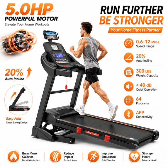 AQUGOKS Auto Incline Treadmill - 5HP Folding Treadmill for Home, 400 LBS Capacity, 12 MPH Speed, 20% Auto Incline, 71 Preset Programs, Bluetooth App