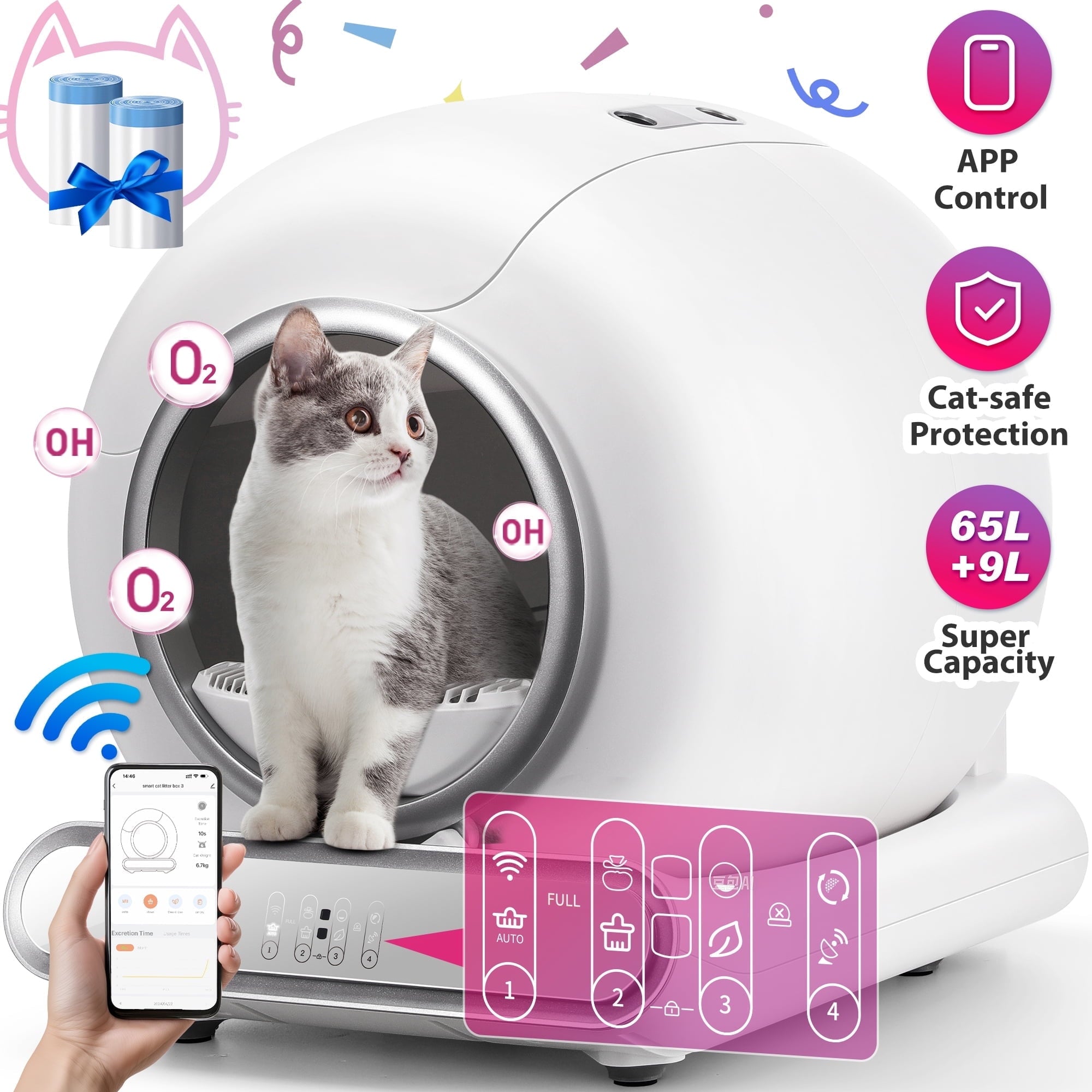WNANEEZ Automatic Cat Litter Box Self-Cleaning with APP Control Support 2.4G Wifi, Cat Litter Butler, 65L+9L Super Capacity, Odor-Free Waste Disposal Includes 2 Rolls Free Trash Bags