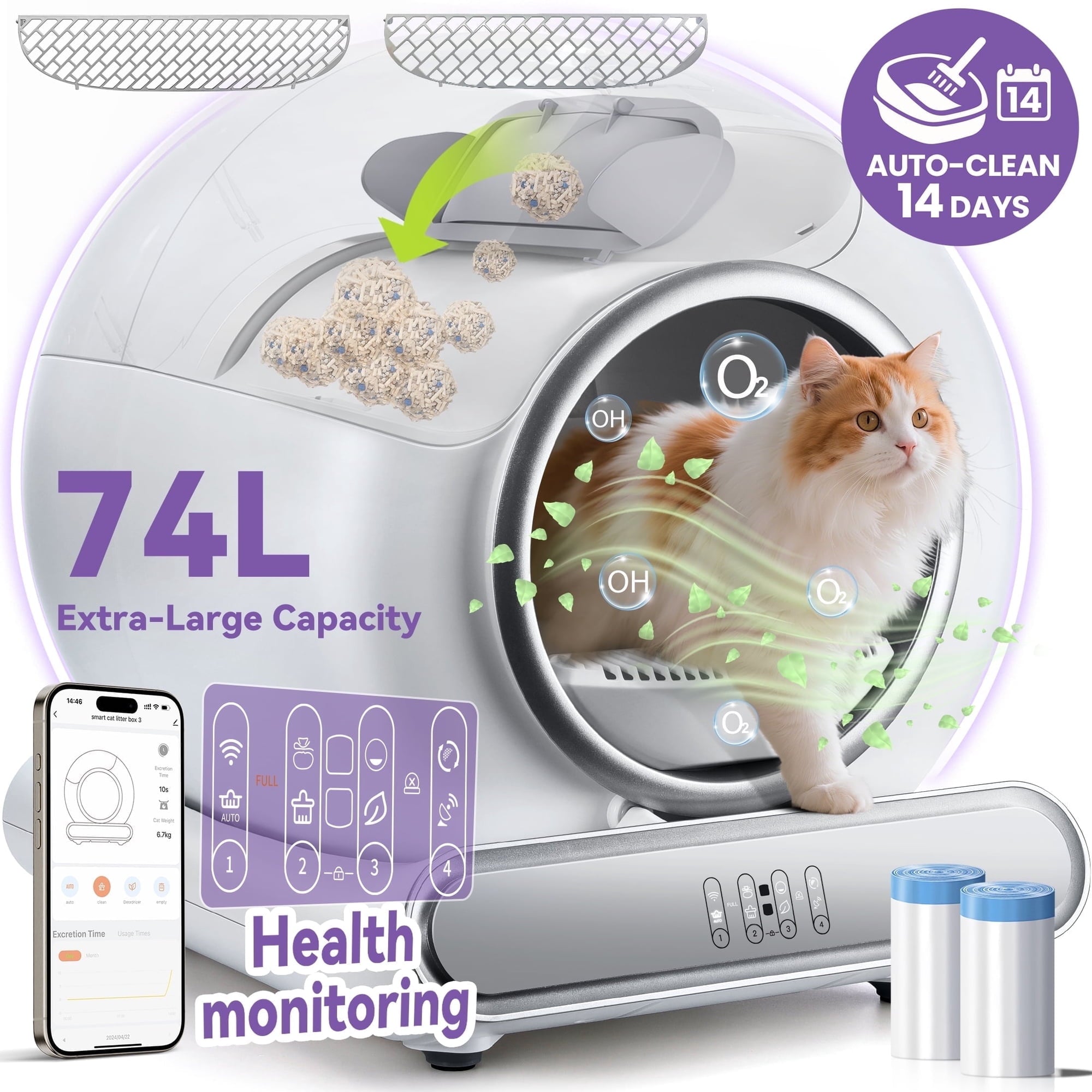 Campmoy Automatic Cat Litter Box, Self-Cleaning Litter Box, Wifi-Enabled with 2.4G APP Control, Designed for Multiple Cats, Odor Removal, No-Disturb, Sensor Safety, Large 65+9L Capacity