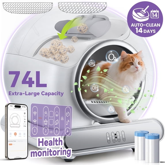 Campmoy Automatic Cat Litter Box, Self-Cleaning Litter Box, Wifi-Enabled with 2.4G APP Control, Designed for Multiple Cats, Odor Removal, No-Disturb, Sensor Safety, Large 65+9L Capacity