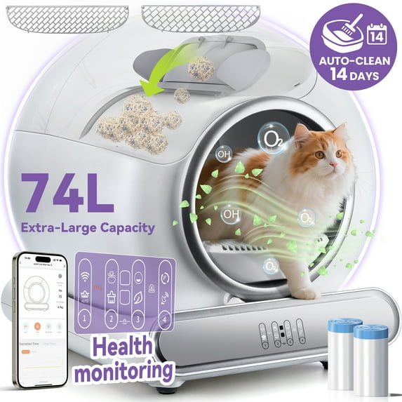 Campmoy Automatic Cat Litter Box, Self-Cleaning Litter Box, Wifi-Enabled with 2.4G APP Control, Designed for Multiple Cats, Odor Removal, No-Disturb, Sensor Safety, Large 65+9L Capacity