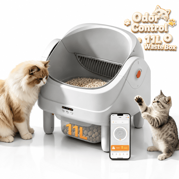 Qvamodo Automatic Cat Litter Box, Self Cleaning Open Top Cat Litter Box for Multiple Cats, Smart APP Control with 100L Large Space, 11L Sealed Waste Drawer, 7-Sensor Safety System, Triple Odor Control