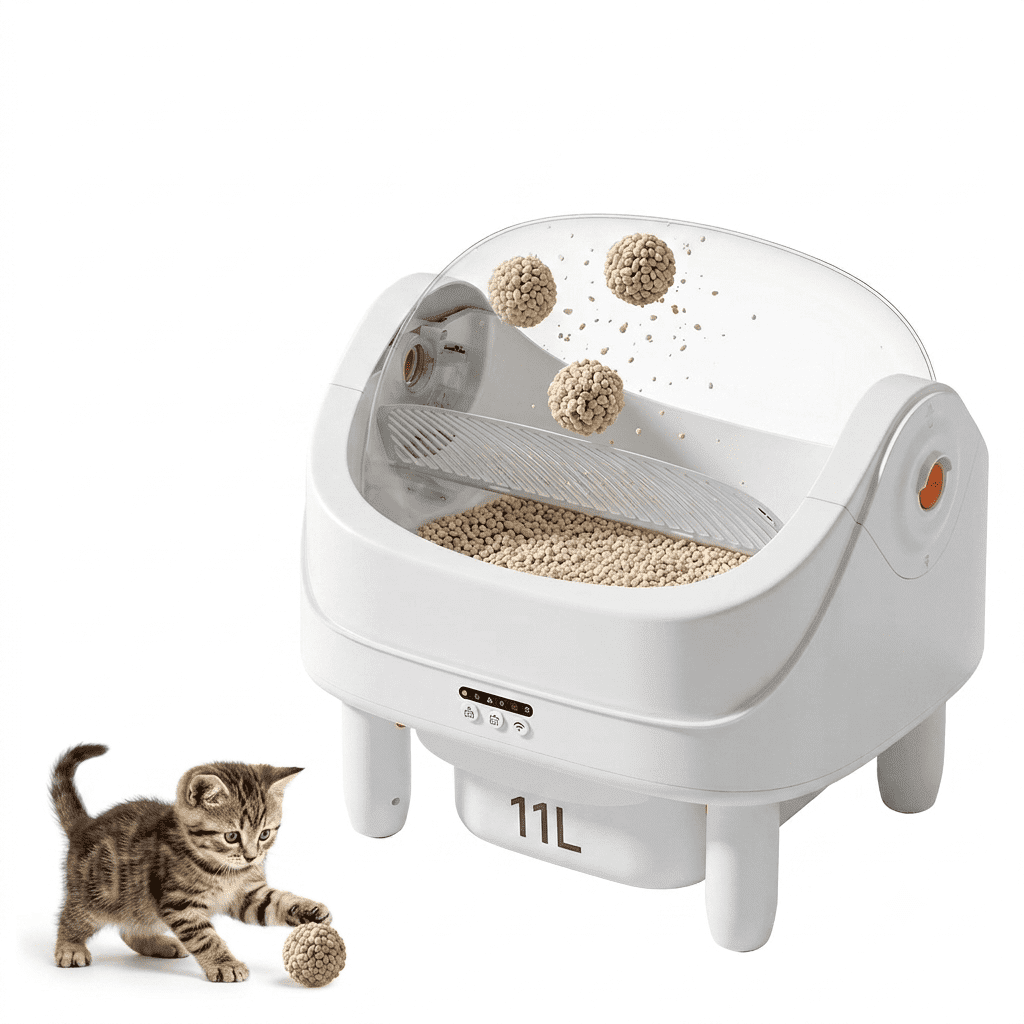 Campmoy Automatic Cat Litter Box Self Cleaning, Open Top Self Cleaning Kitty litter box for multiple cats, Smart App Control, Odor Control,11L Large Waste Bin, UV Blue Light , No Assembly