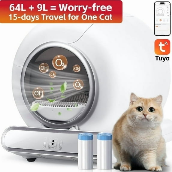 Campmoy Automatic Cat Litter Box w/ Self-Cleaning & Odor-removal System, APP Remote Control, 64+9L, 18lb Capacity, Multi-Cat Design Self-Cleaning Litter Box with 2 Roll Liners, Dual Safety Protection
