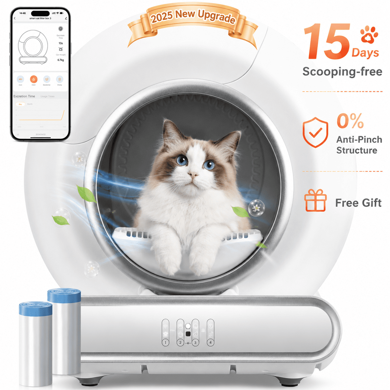 ZEJIXO  Automatic Litter Box, Self Cleaning Cat Litter Box w/ Pannel+APP Control,4 Gravity Sensors&Infrared Sensor Protection,Health Monitoring, Self Check System, Quiet Odor Removing Cat Litter Box