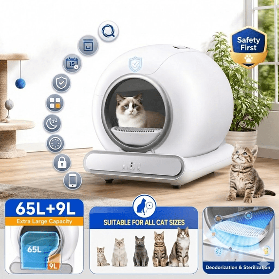 Campmoy Automatic Self-Cleaning Cat Litter Box, 360° Protection System, APP Remote Control, 65L+9L Capacity, Low Noise Cat Litter Container