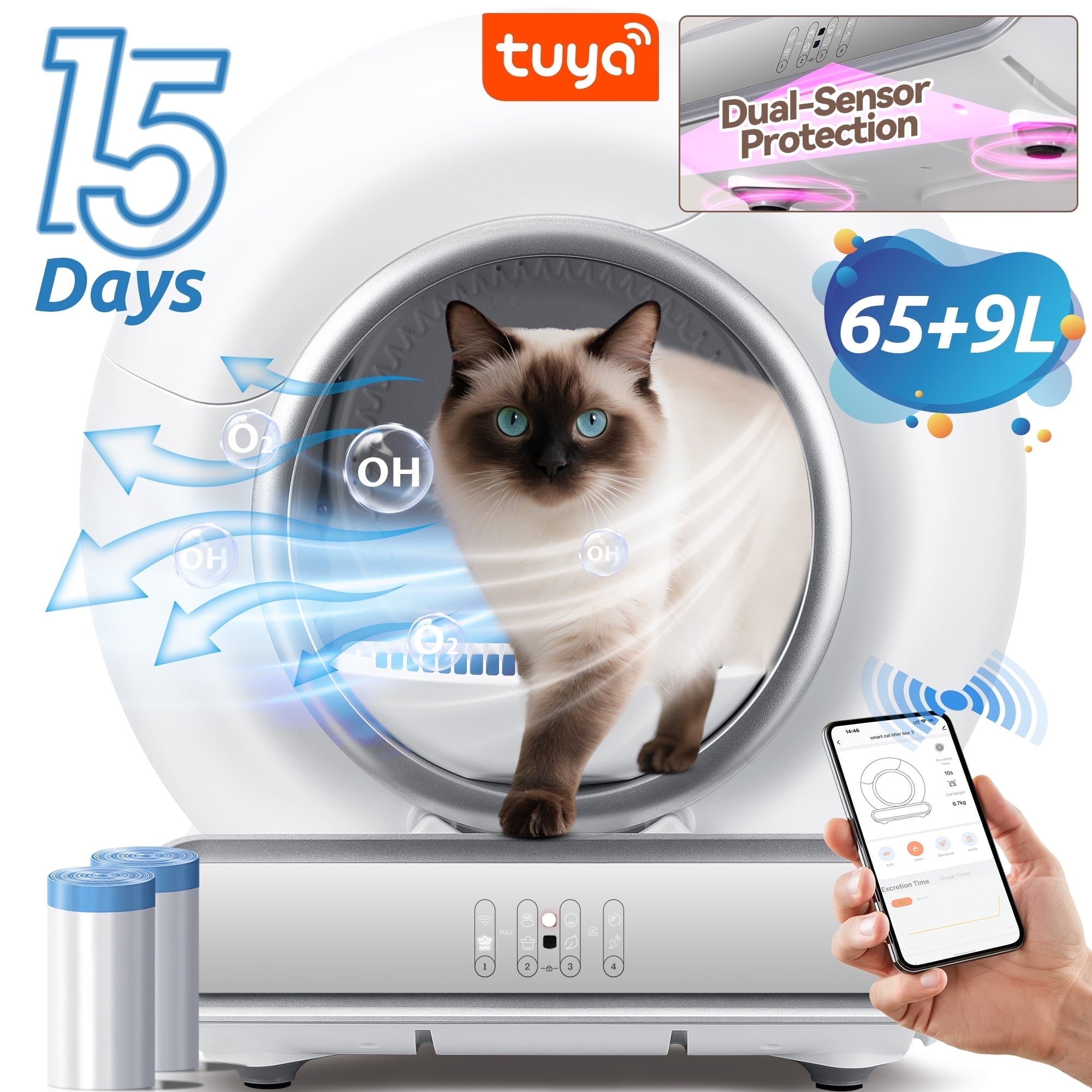 Campmoy Automatic Litter Box for Multi Cats, Self Cleaning Litter Box, APP Control + Panel Control, Anti-Pinch Safety Design, 74 Large Capacity, Odor Control, Quiet Operation, 2 Roll Liners