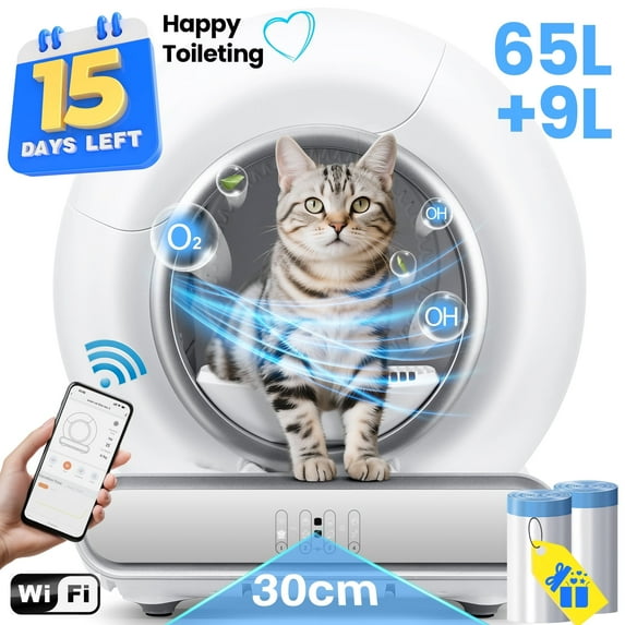 Qvamodo Automatic Self Cleaning Cat Litter Box for Multiple Cats, Cat Litter Box with Safety Protection, APP Control, Odor-Free, 2 Rolls Trash Bags, White