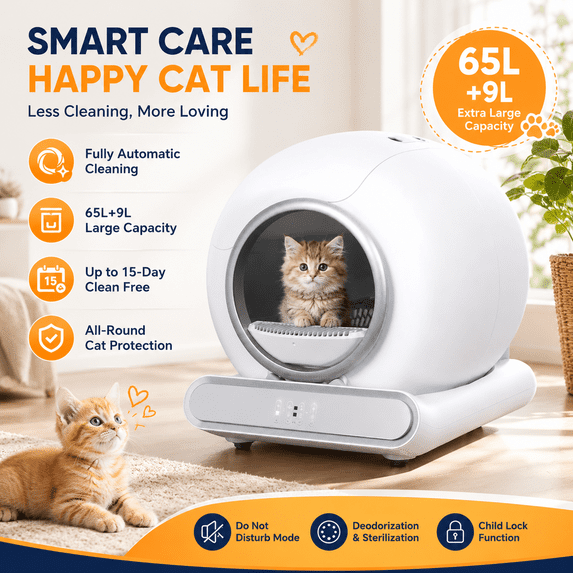 Campmoy Automatic Self Cleaning Cat Litter Box with APP Control, 65L Large Capacity, Odor Control, Safety Sensors, Quiet Operation, Multi-Cat Design