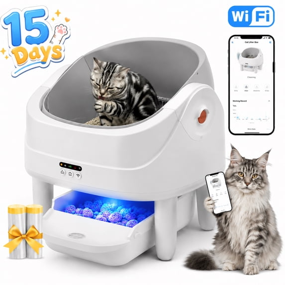 WNANEEZ Automatic Self Cleaning Litter Box for Multiple Cats, 100L+11L Large Capacity, APP Remote Control with Health Monitoring, Odor Control, Quiet Operation, Included 2 liners, White