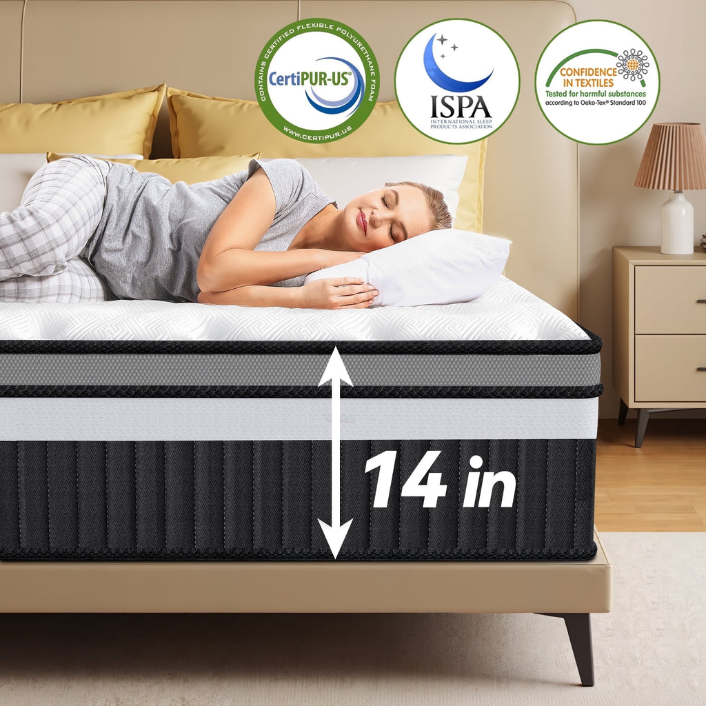 Campmoy 14 Inch King Mattress in a Box - Hybrid Gel Memory Foam & Coils, Medium Firm Feel, CertiPUR-US Certified for Pressure Relief & Edge Support, Ideal for Side Sleepers