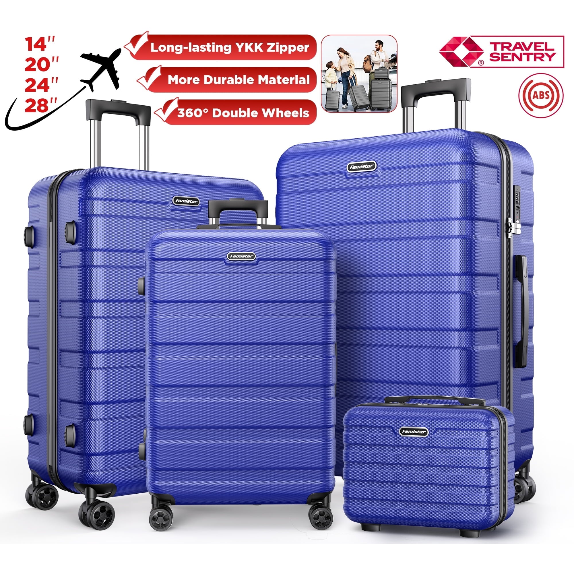 MAJUNES 4 Pcs Luggage Sets, ABS Hardshell Suitcase w/ Dual 360° Spinner Wheels & TSA Lock, Lightweight Durable Hardside Carry on Luggage for Travel, Deep Blue