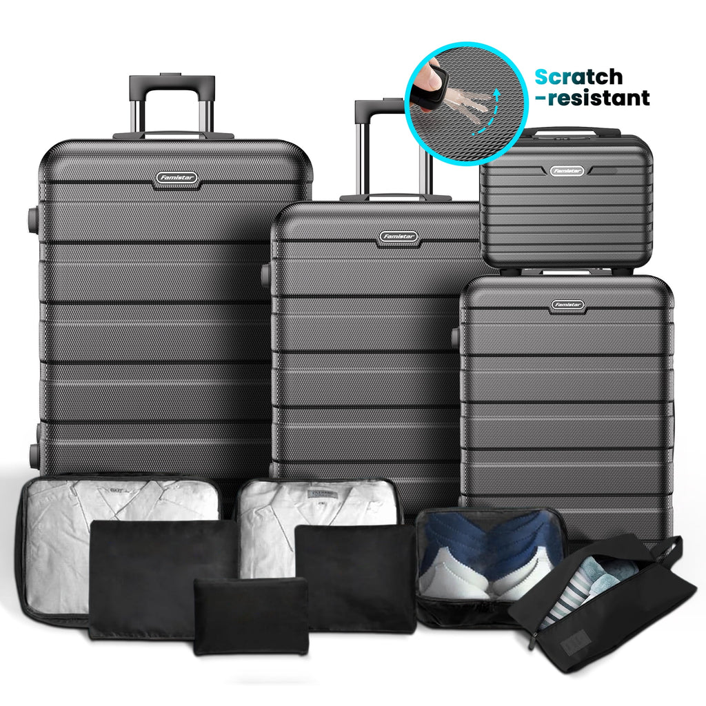 MAJUNES 11Pcs Luggage Sets, ABS Hardshell Suitcase w/ Dual 360° Spinner Wheels & TSA Lock, Lightweight Durable Hardside Carry on Luggage for Travel, Deep Black