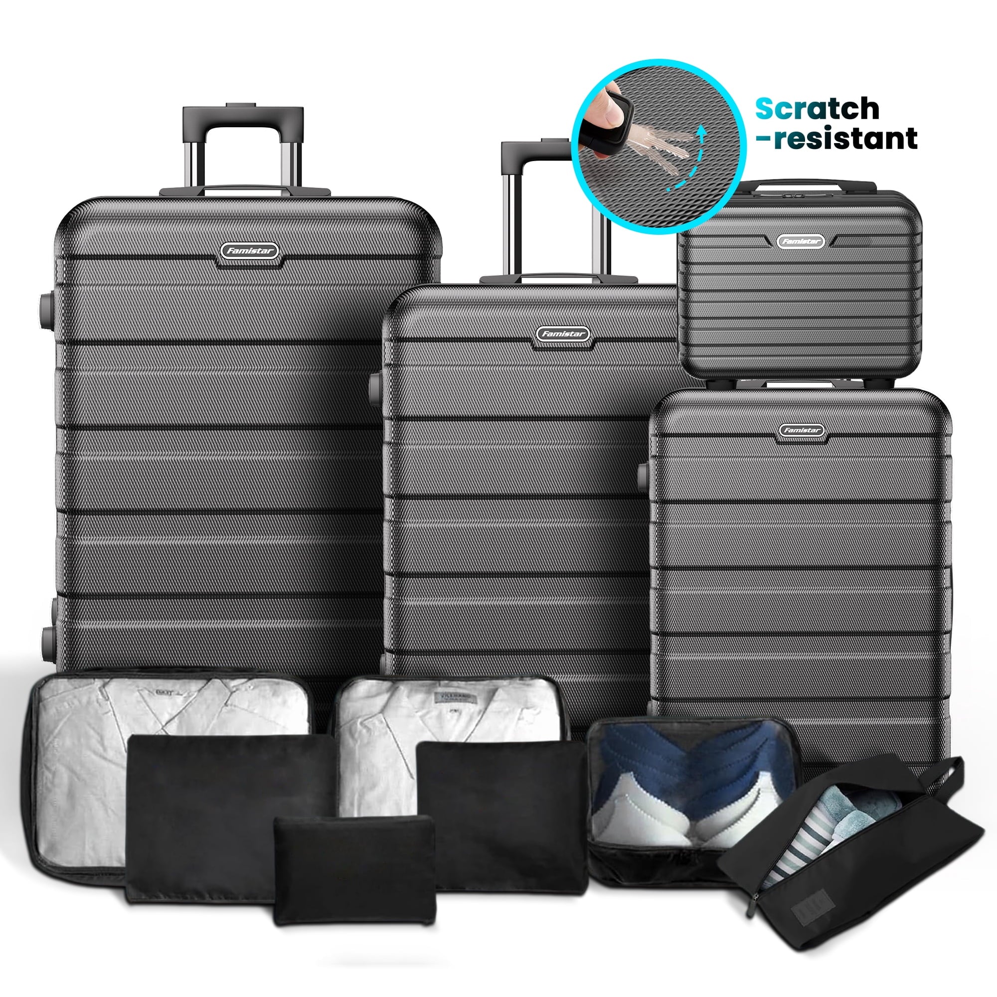 MAJUNES 11Pcs Luggage Sets, ABS Hardshell Suitcase w/ Dual 360° Spinner Wheels & TSA Lock, Lightweight Durable Hardside Carry on Luggage for Travel, Deep Black