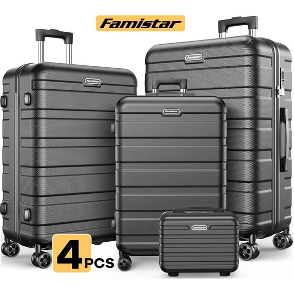 MAJUNES 4Pcs Luggage Sets, Clearance Hardside Suitcase Set with Spinner Wheels & TSA Lock, Lightweight Carry On Luggage Checked Luggage Travel Case, Packing Cubes,14"/20''/24'/28', Black