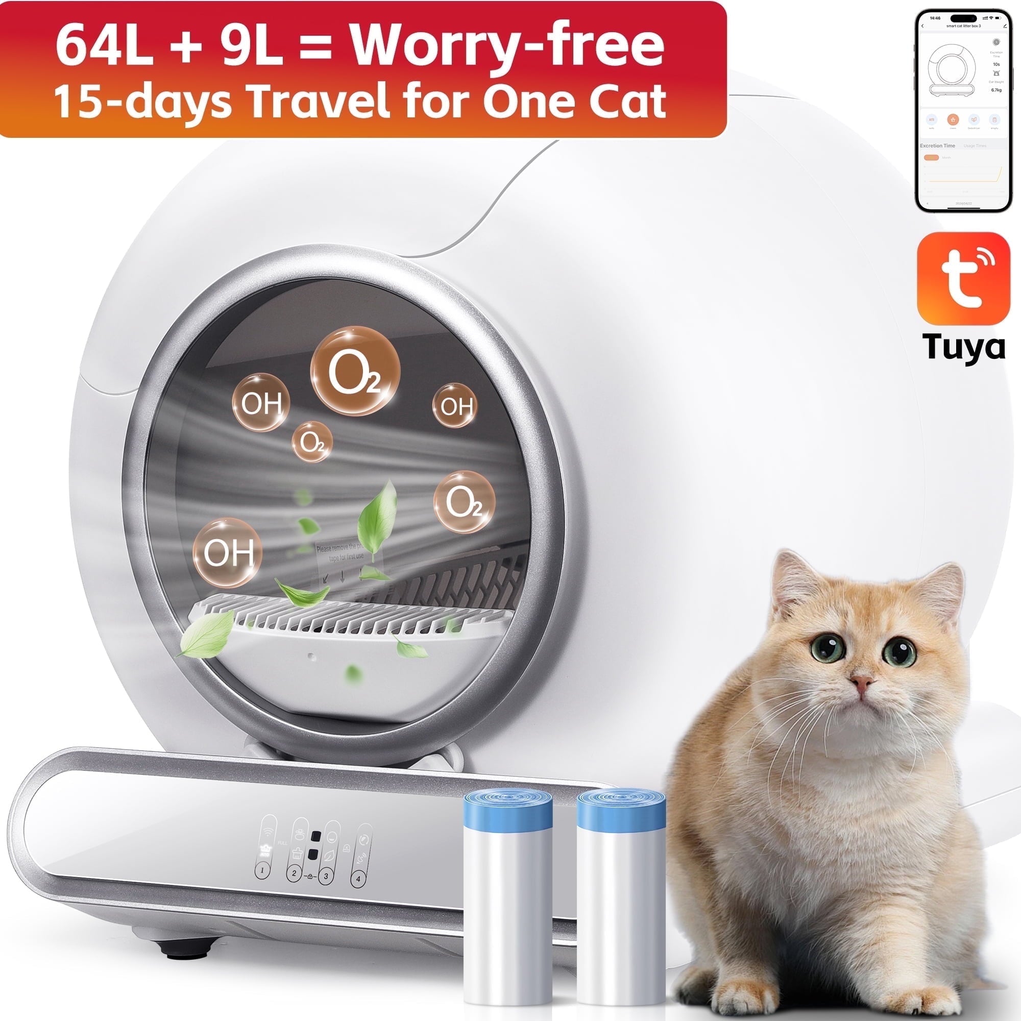 MAJUNES Self Cleaning Cat Litter Box, 65L+9L Automatic Cat Litter Box for Milti Cats w/ 2 Roll Liners, Smart APP Control, Health Monitoring, Odor Removal, 2 Sensor Safety Protection, Whisper Quiet