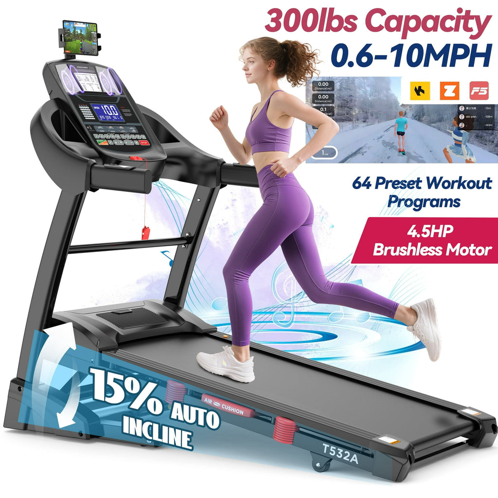 MAJUNES Treadmill 300 lbs Capacity, 4.5HP Folding Treadmills for Home Use with 15% Incline, 10MPH Treadmill with APP Control, 64 Programs, Shock Absorption