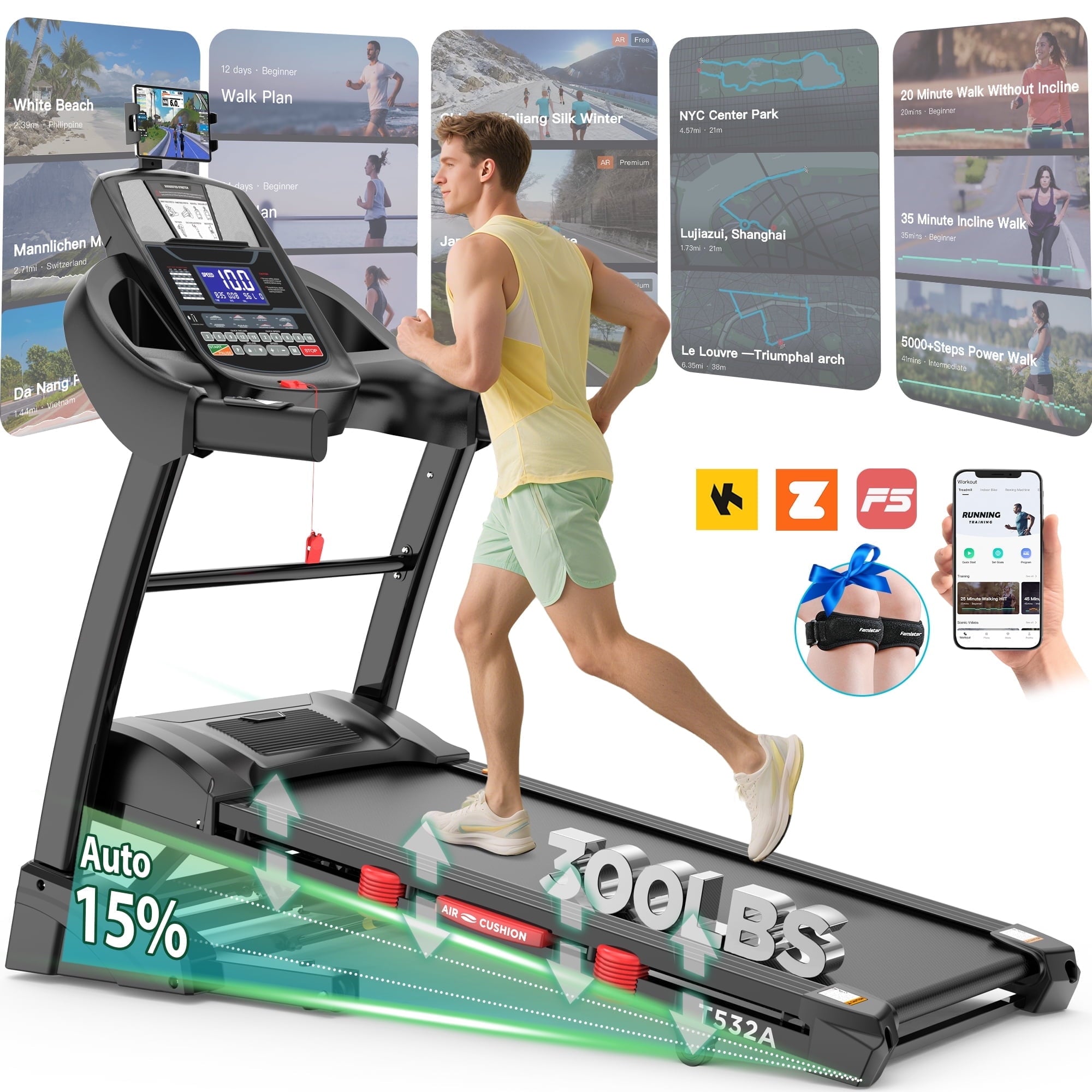 MAJUNES Folding Electric Treadmill for Home, 5HP Motor, 300 Lbs Capacity, Up to 10 MPH Running Machine with 15% Auto Incline, APP & Bluetooth Control, Shock Absorption, HiFi Stereo Speakers, Compact Fitness