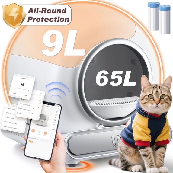 Qvamodo Self-Cleaning Automatic Cat Litter Box, Scheduled Self-Cleaning & Odor Removal with Smart APP Control, 65+9L Large Space for Multiple Cats, 100% Anti-pinch Structure