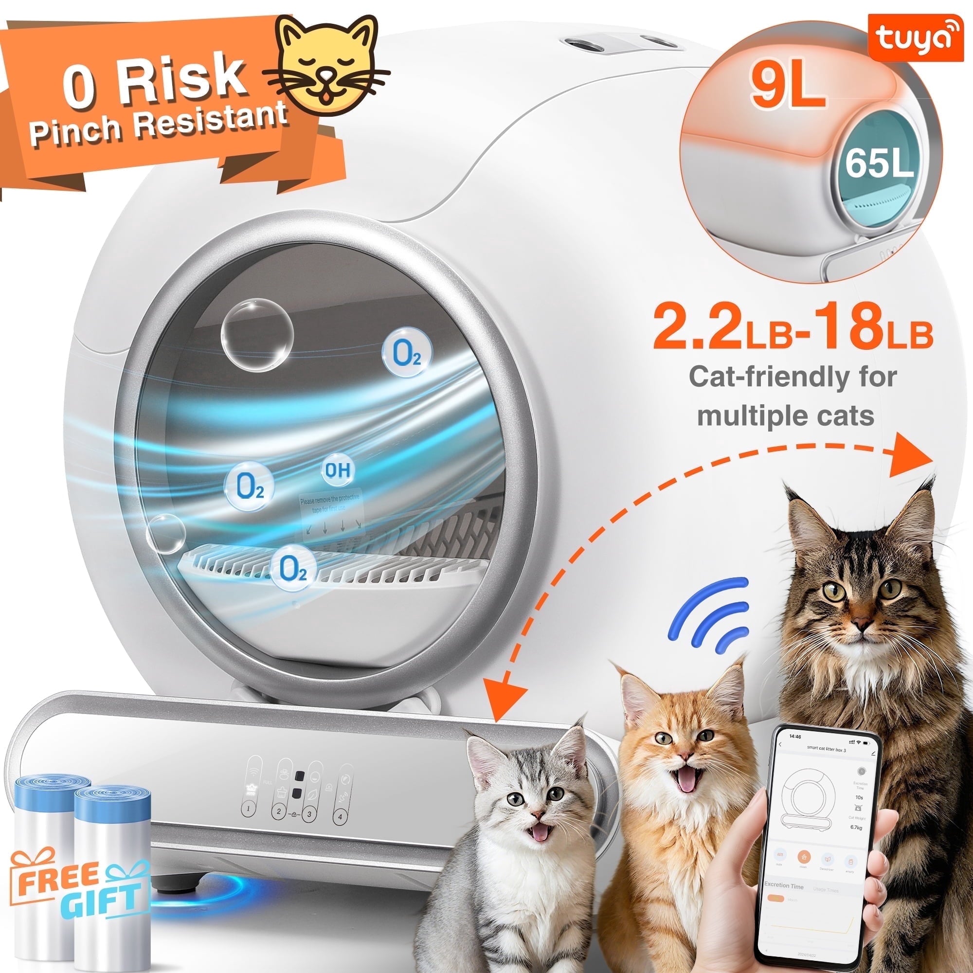 Qvamodo Cat Litter Box Self Cleaning, Automatic Litter Box w/ APP Control, Health Monitoring, Dual Sensor Safety Protection, Odor-Removal, Large capacity, 18LB Weight Capacity for Multi Cat