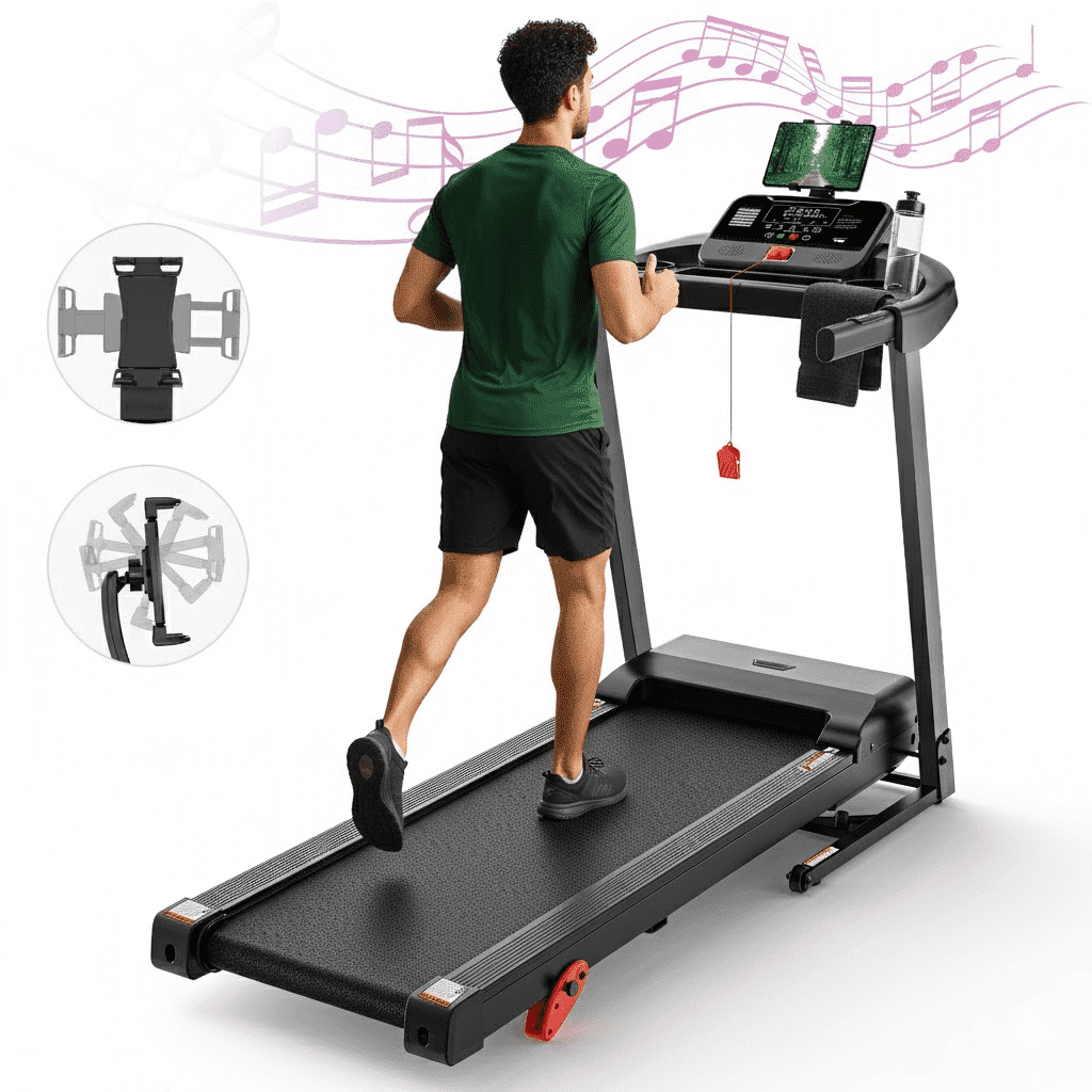 Qvamodo Compact 3.5HP Electric Treadmill for Home, Quiet Walking Pad with Handle & Adjustable Incline, Indoor Running Machine 300 lbs Capacity, Foldable Design, 71 Training Programs, Free Knee Pad Gift