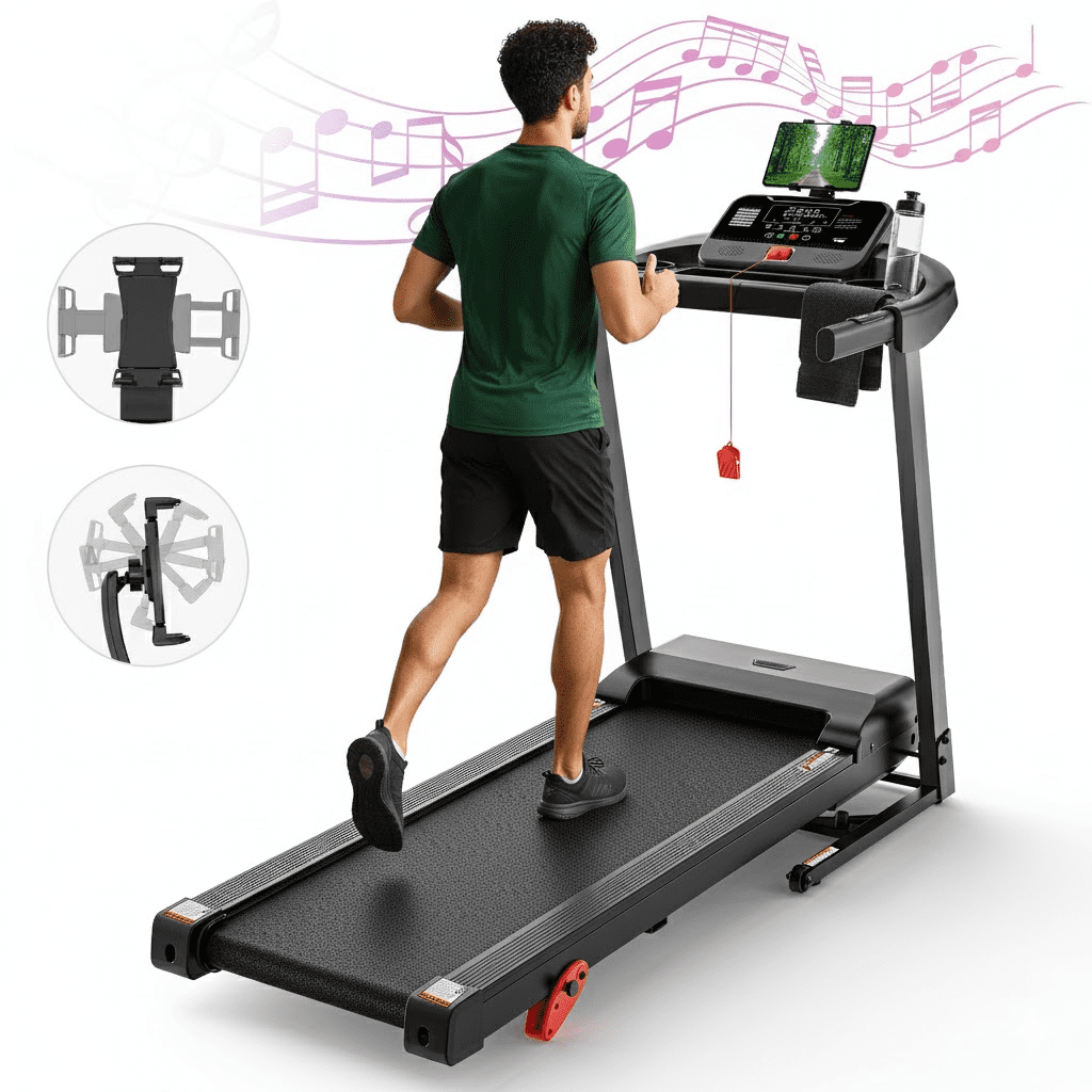 Campmoy Compact 3.5HP Electric Treadmill for Home, Quiet Walking Pad with Handle & Adjustable Incline, Indoor Running Machine 300 lbs Capacity, Foldable Design, 71 Training Programs, Free Knee Pad Gift