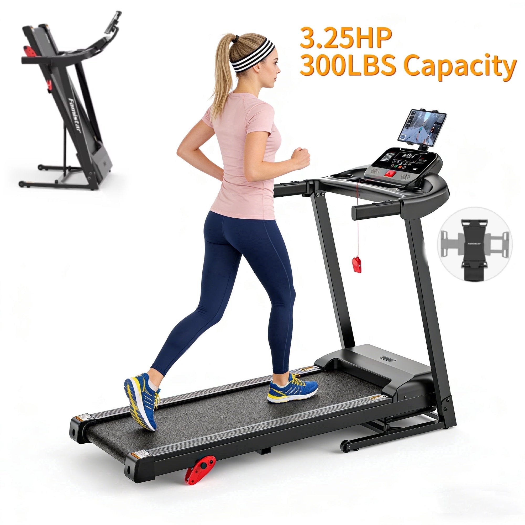 AQUGOKS Compact Folding Exercise Treadmill for Home with Incline (3.75HP Brushless Motor, 300lbs Capacity, 3-Level Incline, Heart Rate Sensors + Emergency Stop), treadmill for Walking, Running