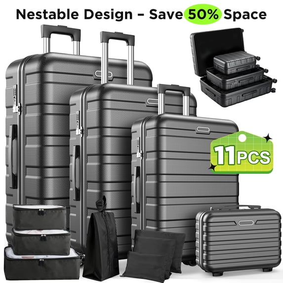 ODYAAZ 11 PCS Hardshell Luggage Sets – Durable Hardshell Suitcases with Silent Spinner Wheels and Password Lock for Family Trips, Vacation & Business, Black