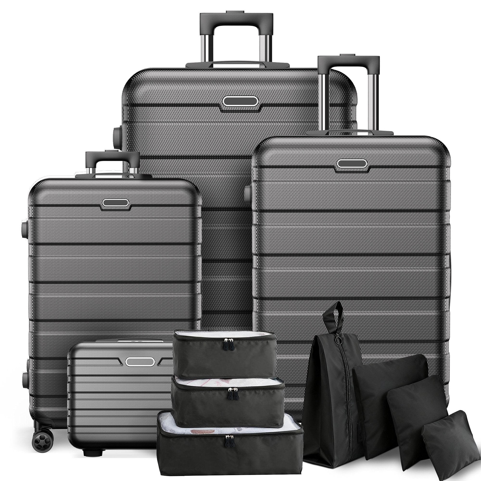 ODYAAZ Complete 11-Piece Luggage Set for Family Travel, Durable Hardshell Suitcases with Spinner Wheels in 4 Sizes, Black