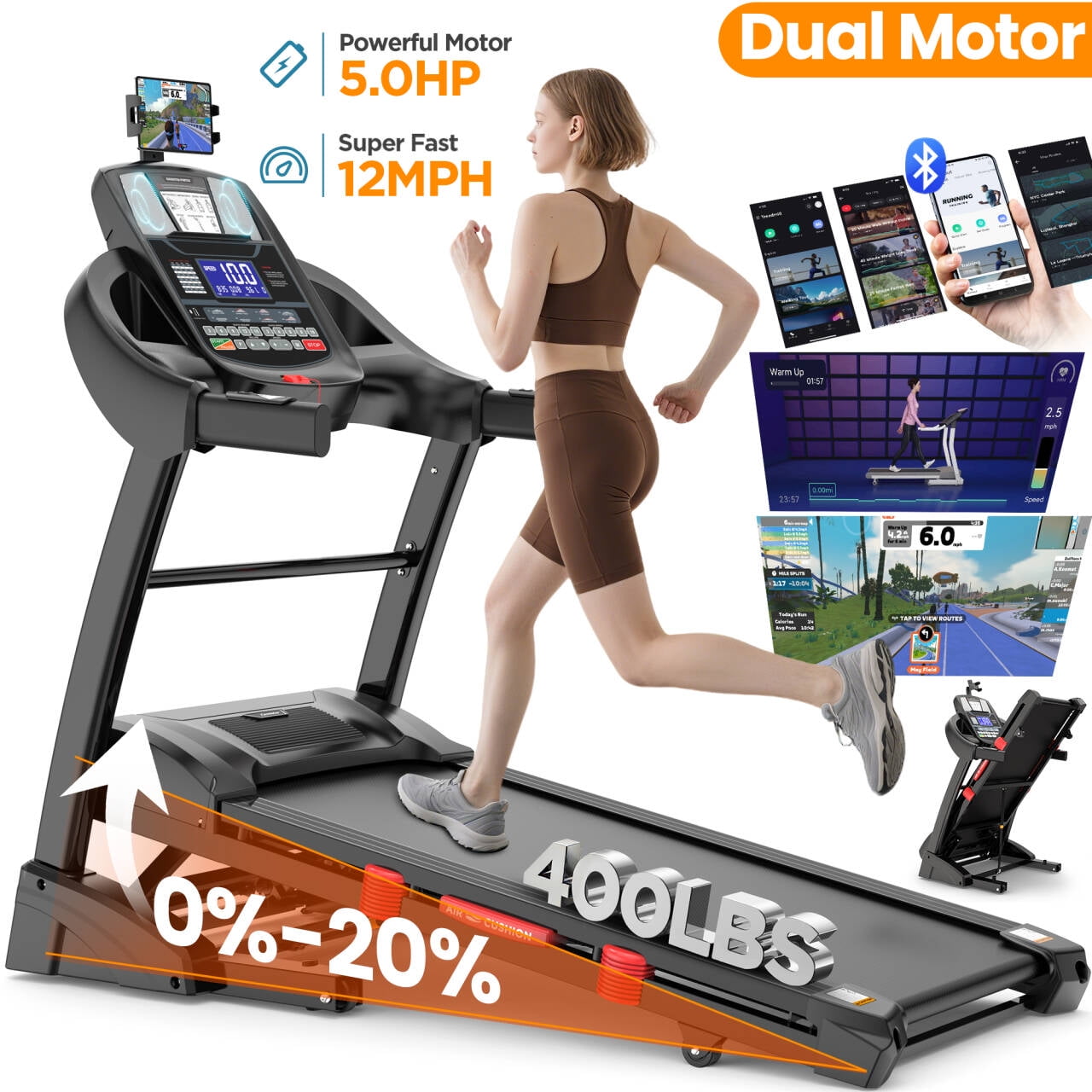 FaayFian Dual Motor 5.0HP Folding Electric Treadmill for Home, Durable Running Machine with 20% Auto Incline, 400LBS Capacity, Bluetooth & APP Control, Quiet Compact Walking Pad Treadmill