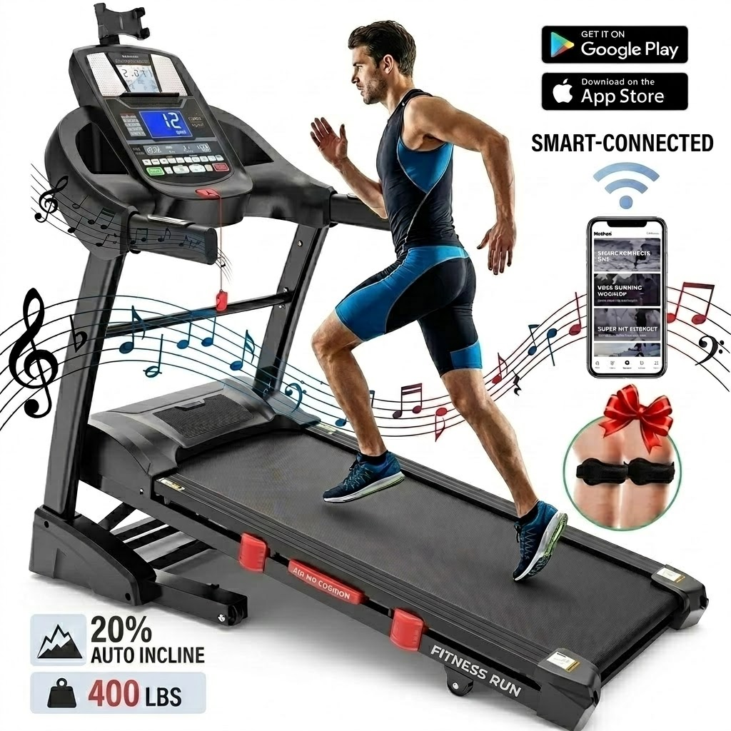 ODYAAZ Electric Foldable Treadmill for Home Workout, 5HP Brushless Motor, 20% Auto Incline, 0.6–12 MPH Speed, 51×18 Running Area, Shock Absorbing Deck, APP Connectivity, 400 lbs Support