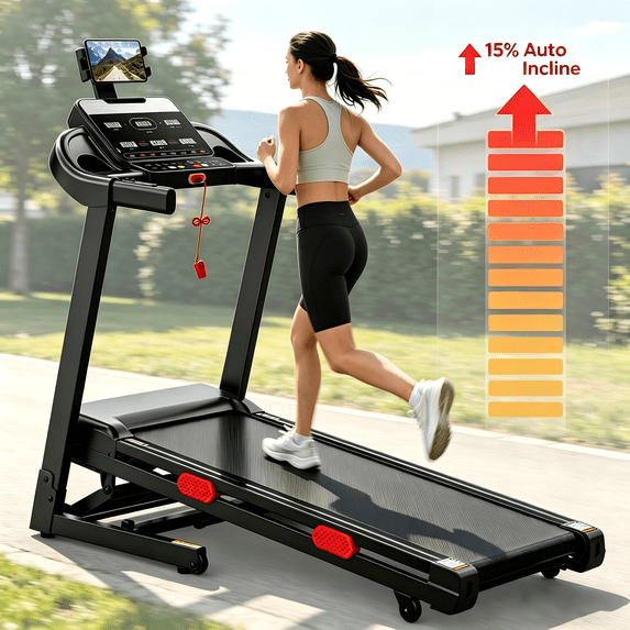 AQUGOKS Electric Inclined Treadmill, 15% Automatic Incline, 3.8HP Quiet Motor, 9.0MPF High Speed Foldable Running Treadmill, Shock Absorption System, Indoor Home Gym Workout Equipment