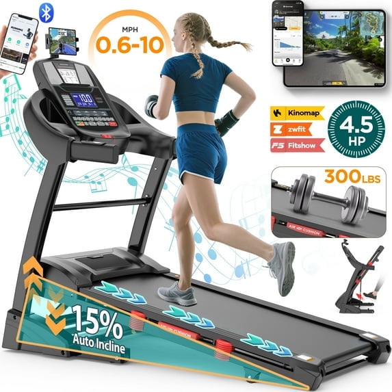 FaayFian Auto Incline Treadmill for Home, 4.5HP Folding Treadmill 300lbs Capacity, 0.6-10MPH, 64Programs, APP Control, Shock Absorption, Home&Office
