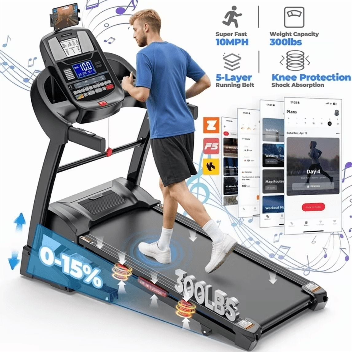 FaayFian Folding Treadmill with 4.95HP Motor, 15% Auto Incline, 10 MPH Speed, Bluetooth Speakers, FitShow APP, Shock-Absorbing Deck, 300 LB Capacity for Home Use