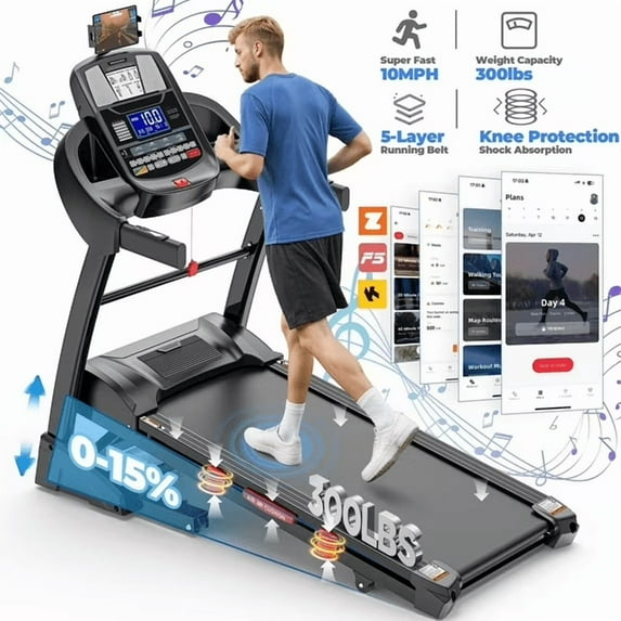 FaayFian Folding Treadmill with 4.95HP Motor, 15% Auto Incline, 10 MPH Speed, Bluetooth Speakers, FitShow APP, Shock-Absorbing Deck, 300 LB Capacity for Home Use