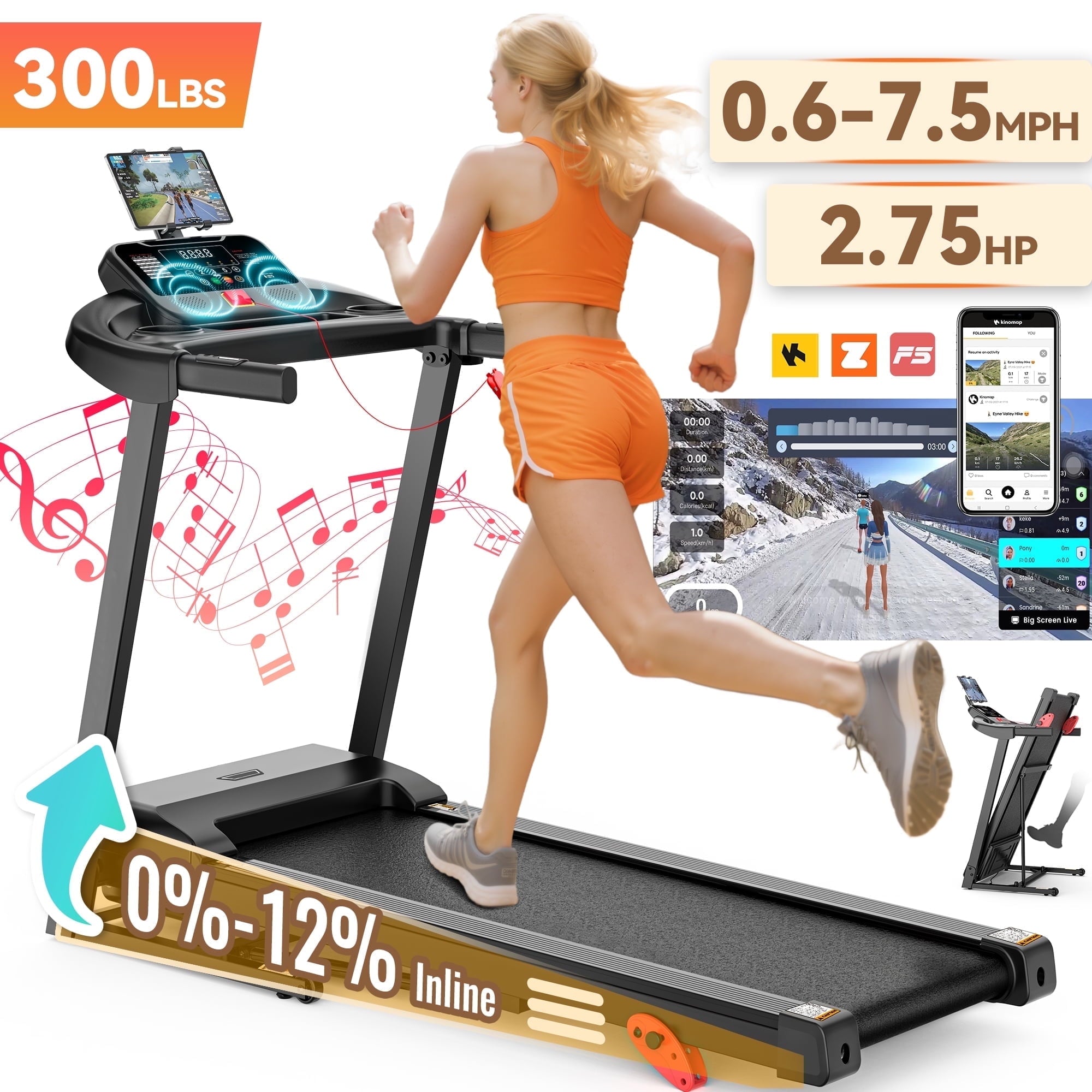 FaayFian 2.75HP Folding Treadmill for Home, Treadmill with 300lbs Capacity, Treadmill with incline, 0.6-7.5MPH, 64+3+3+1 Programs