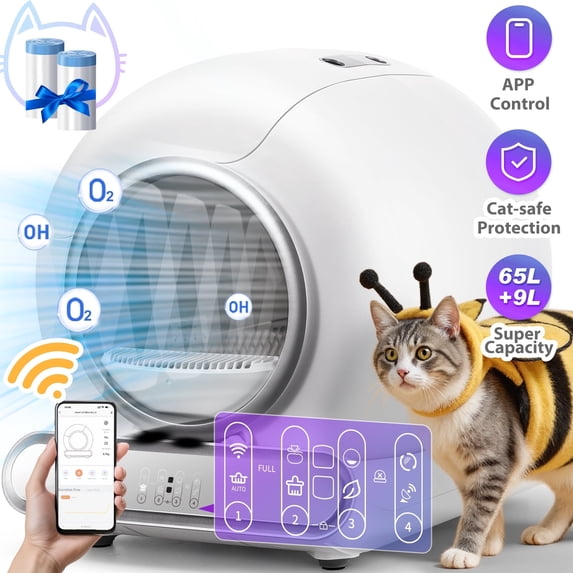 FaayFian Self Cleaning Cat Litter Box, 65+9L Large Capacity, Ultra Low 5.51” Entrance, Anti Pinch & Odor Control, App Controlled for Multi Cat Households