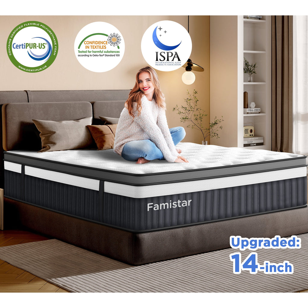 ODYAAZ 14 Inch Queen Mattress in a Box - Gel Memory Foam & Pocket Coils, Medium Firm Hybrid Mattress, CertiPUR-US Certified for Back Support & Motion Isolation, Cooling Bed for Side Sleepers