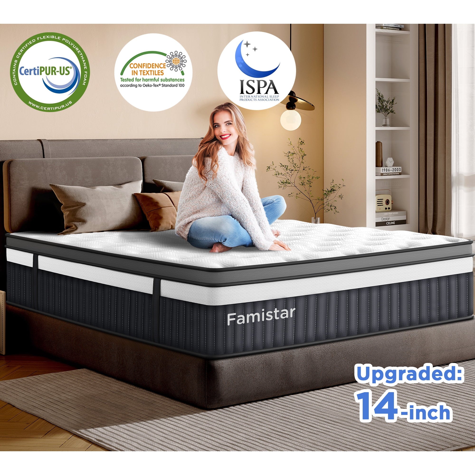 ODYAAZ 14 Inch Queen Mattress in a Box - Gel Memory Foam & Pocket Coils, Medium Firm Hybrid Mattress, CertiPUR-US Certified for Back Support & Motion Isolation, Cooling Bed for Side Sleepers