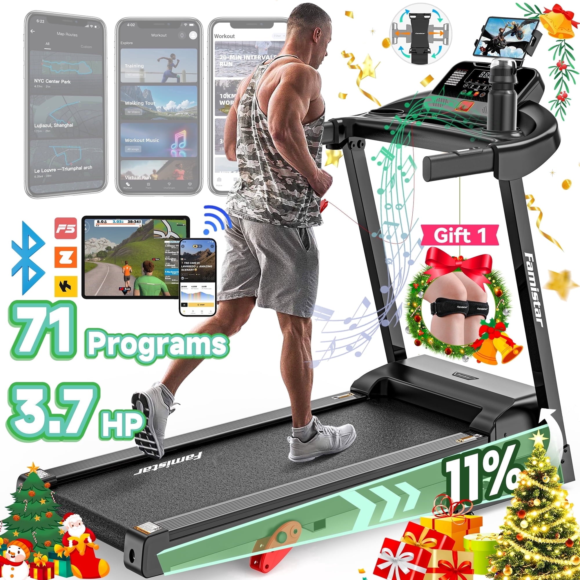 Famistar 3.7HP Folding Treadmill for Home w/ APP Control, 300lbs Capacity, Adjustable Incline, 64+7 Programs, Bluetooth Speakers, Electric Treadmill Running Machine, Knee Strap Gift