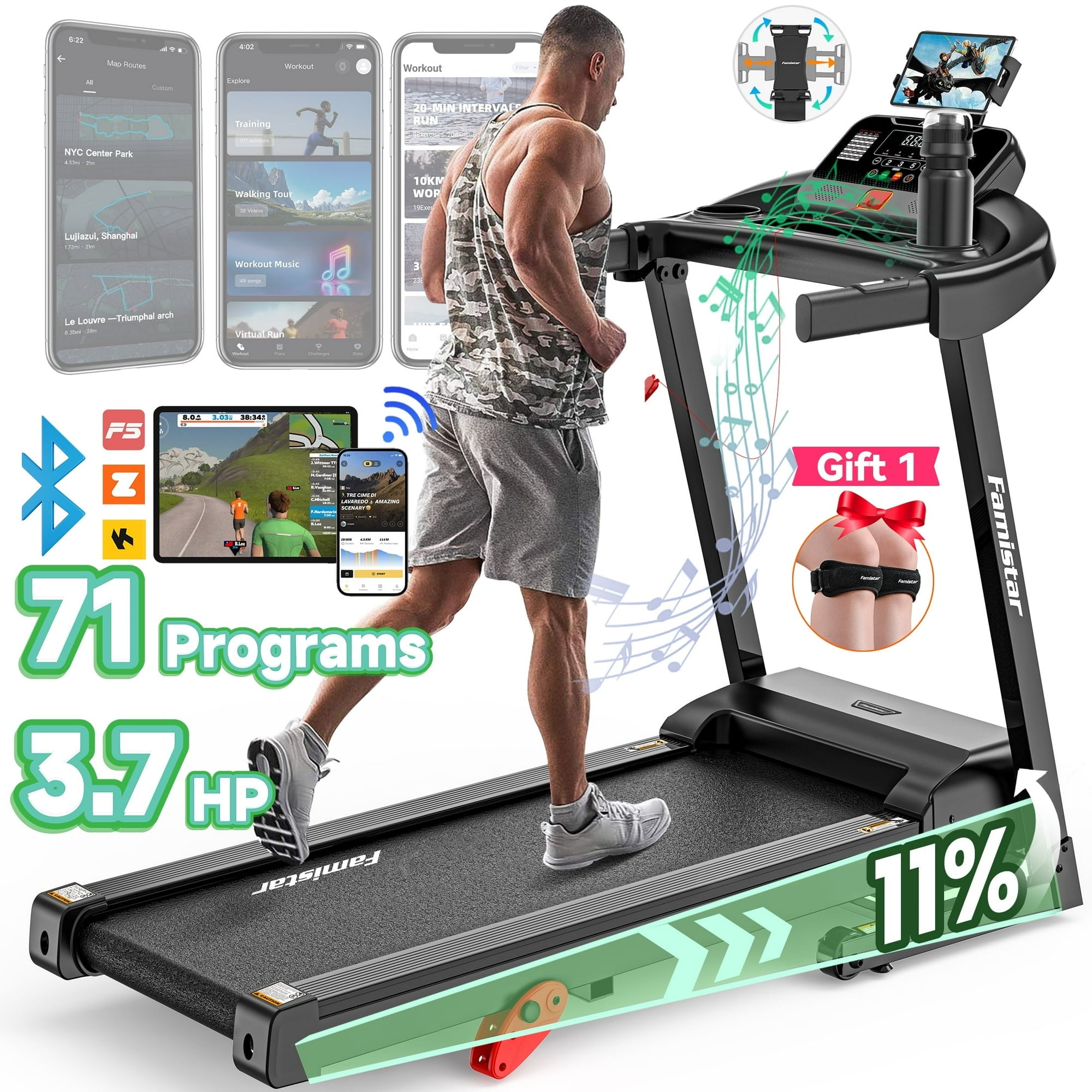 Famistar 3.7HP Folding Treadmill for Home w/ APP Control, 300lbs Capacity, Adjustable Incline, 64+7 Programs, Bluetooth Speakers, Electric Treadmill Running Machine, Fan & Knee Strap Gift