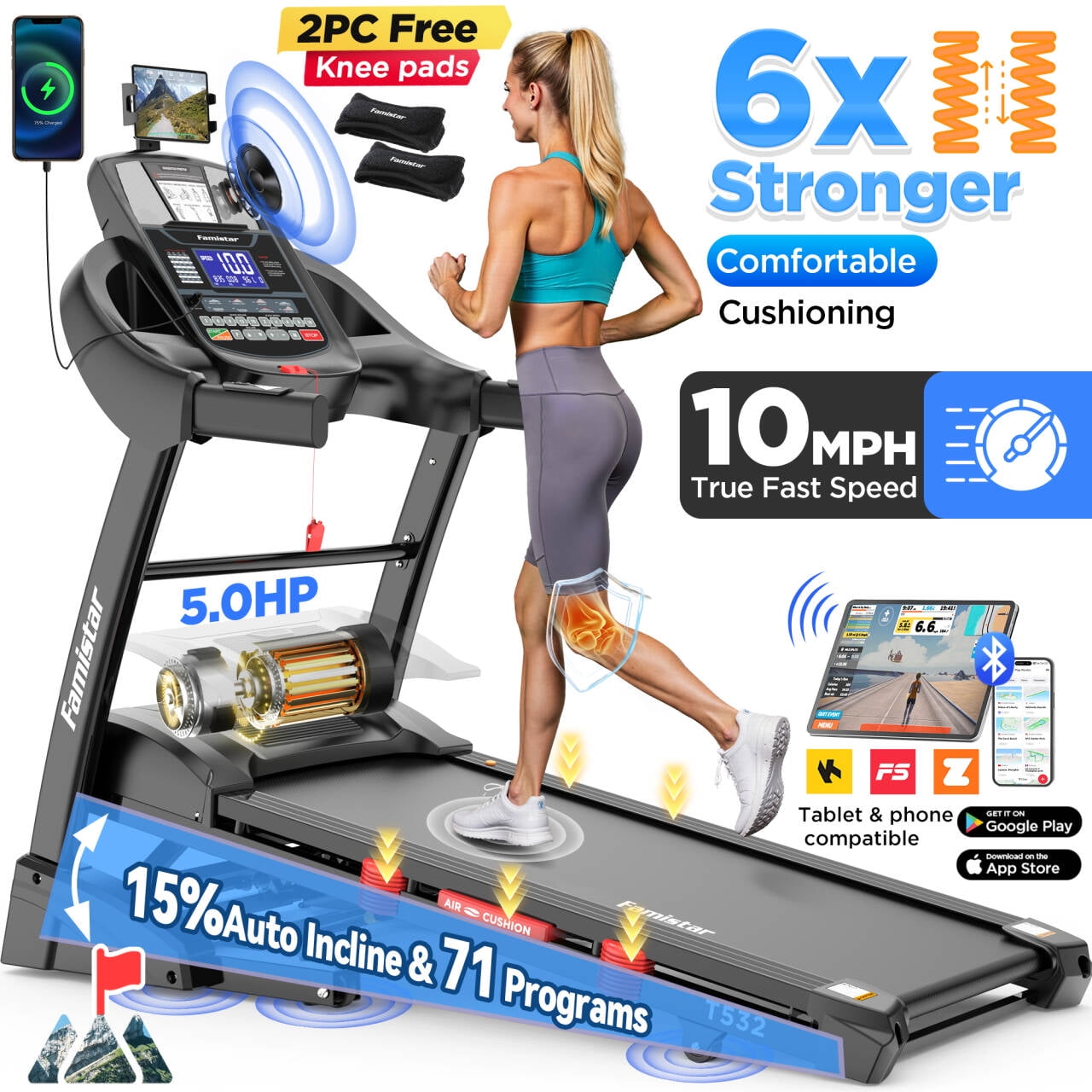 Famistar 5.0HP Folding Treadmill for Home with 15 Auto Incline, Smart APP, 300lbs, HiFi Bluetooth Speakers, 64 Programs, 10MPH Speed, Foldable Electric Treadmill Running Machine, Knee Strap Gift