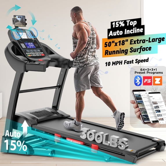 ODYAAZ 4.5HP Folding Treadmill for Home with 15 Levels Auto Incline, 300LB Capacity, 10MPH Speed Controls, App Control, New Version, Black