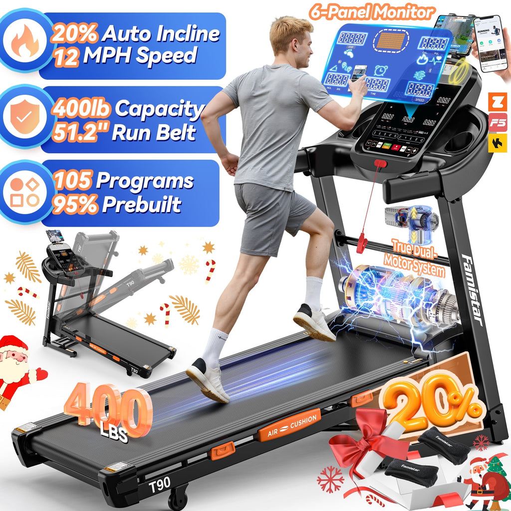 Famistar Treadmill with 20% Auto Incline for Home, 300-400LB Capacity, Folding Running Walking Treadmill, 12MPH Max Speed, 105 Programs, Bluetooth, Smart Apps, 1218 Newly Upgraded