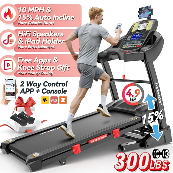 Famistar Treadmill 300 LB Capacity for Home Use, 15-Level Auto Incline, 4.9HP Folding Running Walking Treadmill, 10MPH Speed, Bluetooth, Smart Apps, 64+ Programs