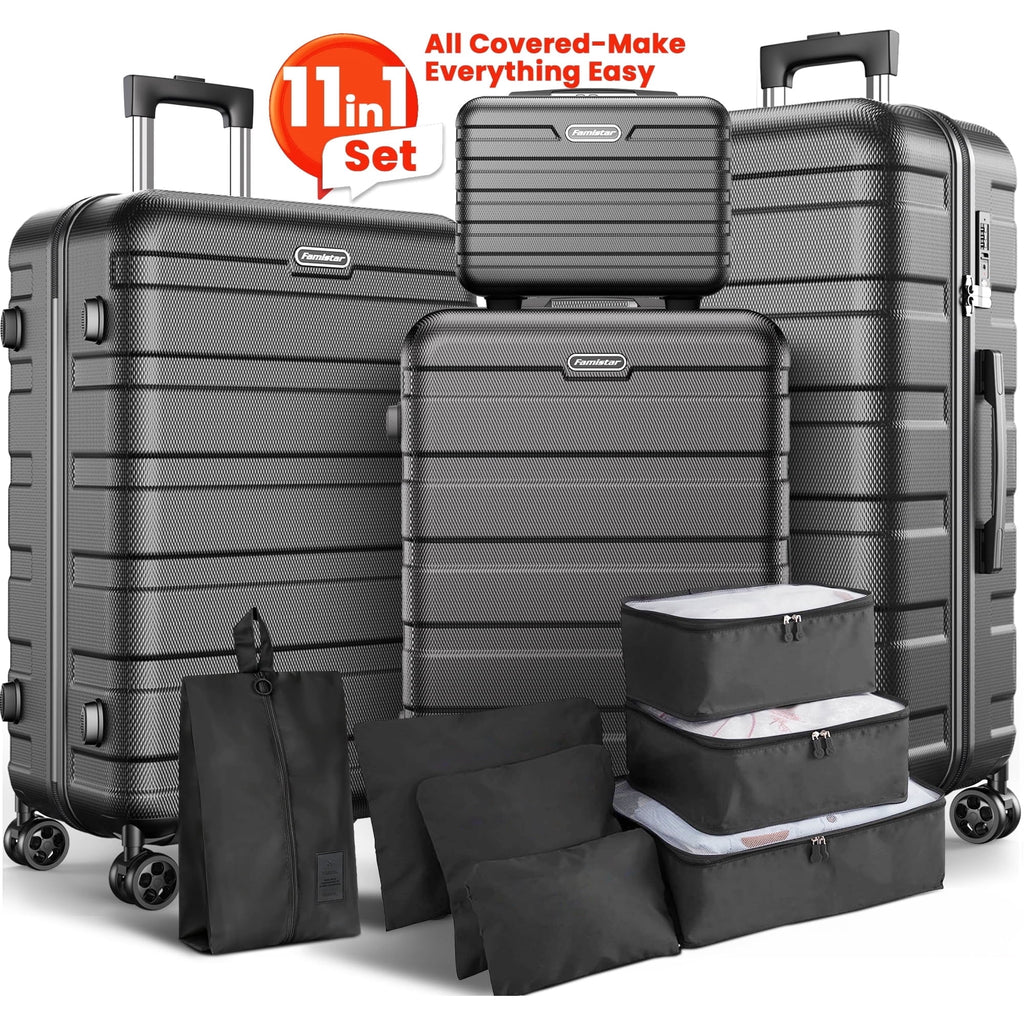 Famistar Famistar 11 Piece Hardside Luggage Suitcase Set with 360° Double Spinner Wheels TSA Style Lock, 14” Travel Case, 20" Carry-On Luggage, 24" Checked Luggage and 28" Checked Luggage, Black
